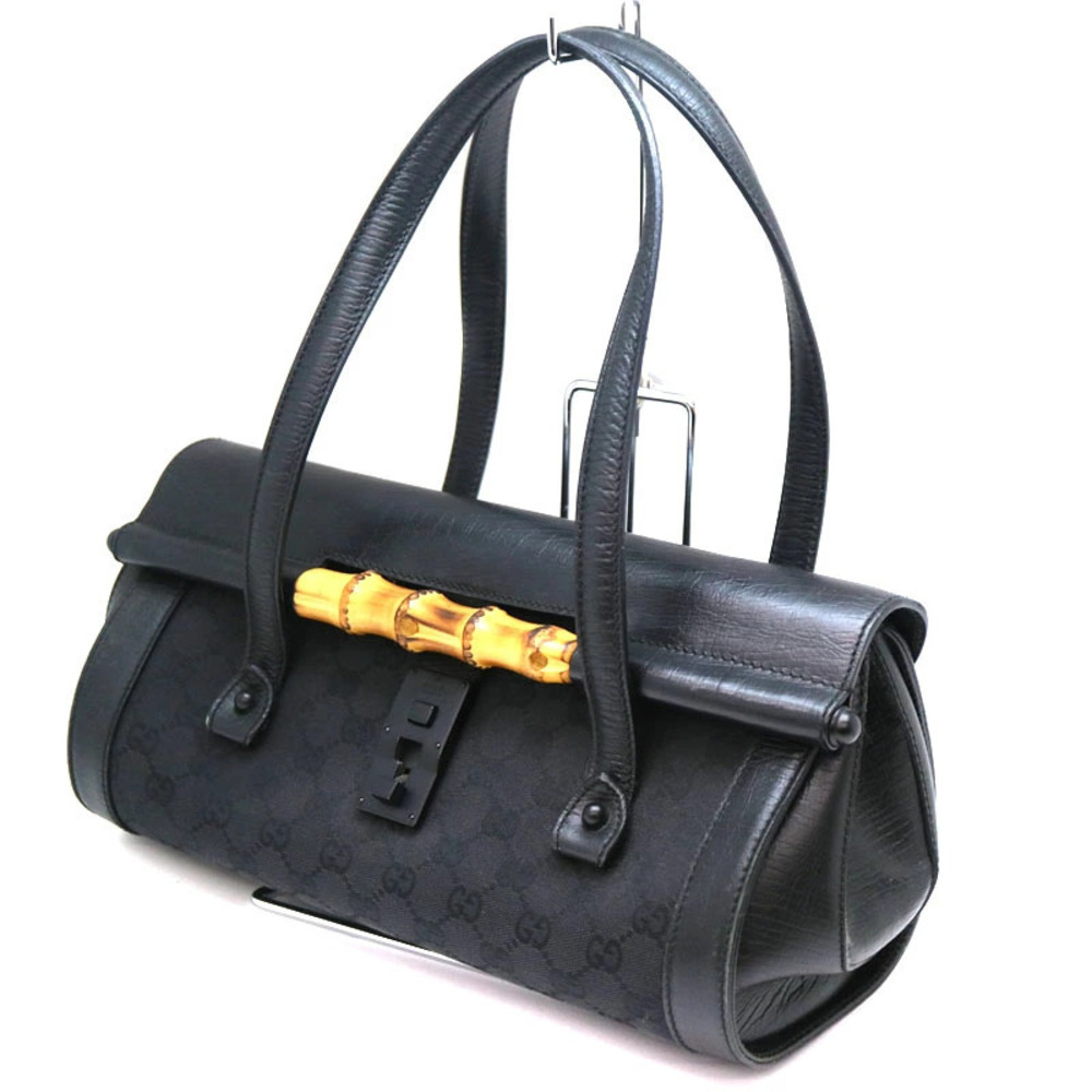 GUCCI Bamboo Bag Handbag GG Canvas Leather Black